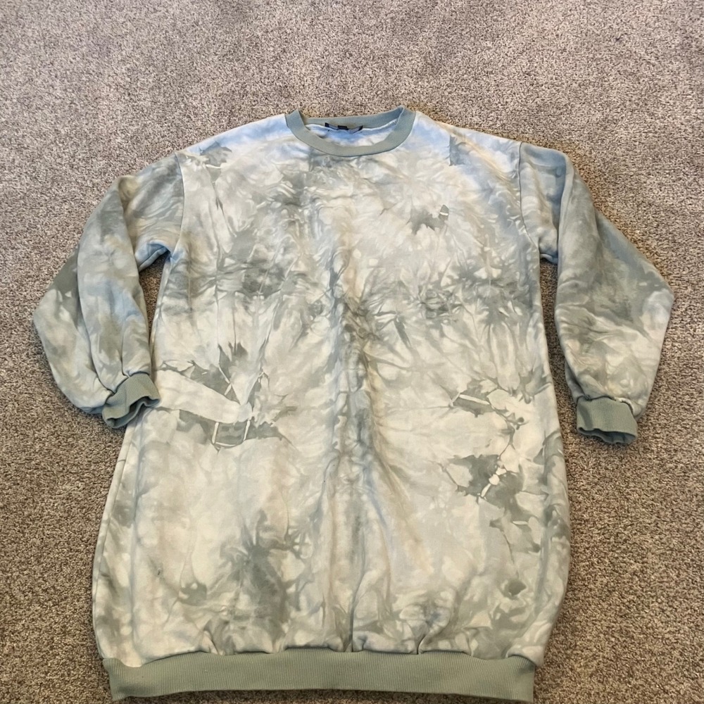 Lulus Women Sage Green White Tie Dye Cotton Sweatshirt Mini Dress Small Oversize
